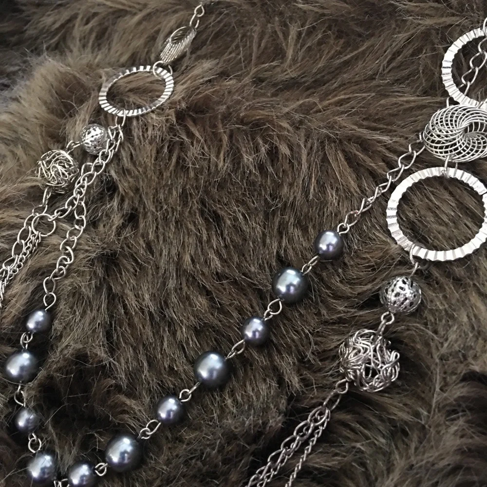 Silver tone tiered gray pearl bead long necklace